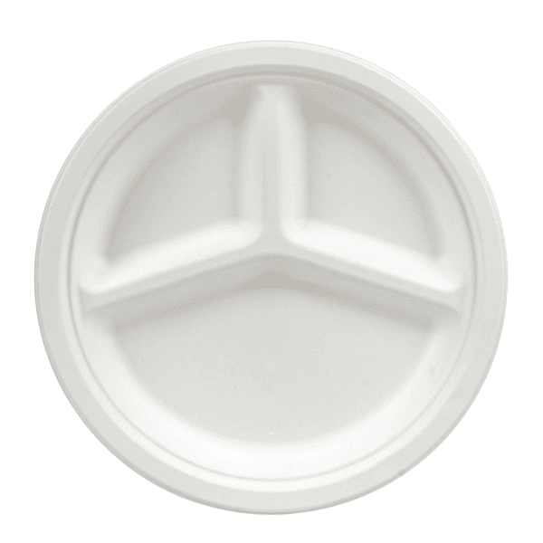 10″ 3-Compartment Round Bagasse Plate